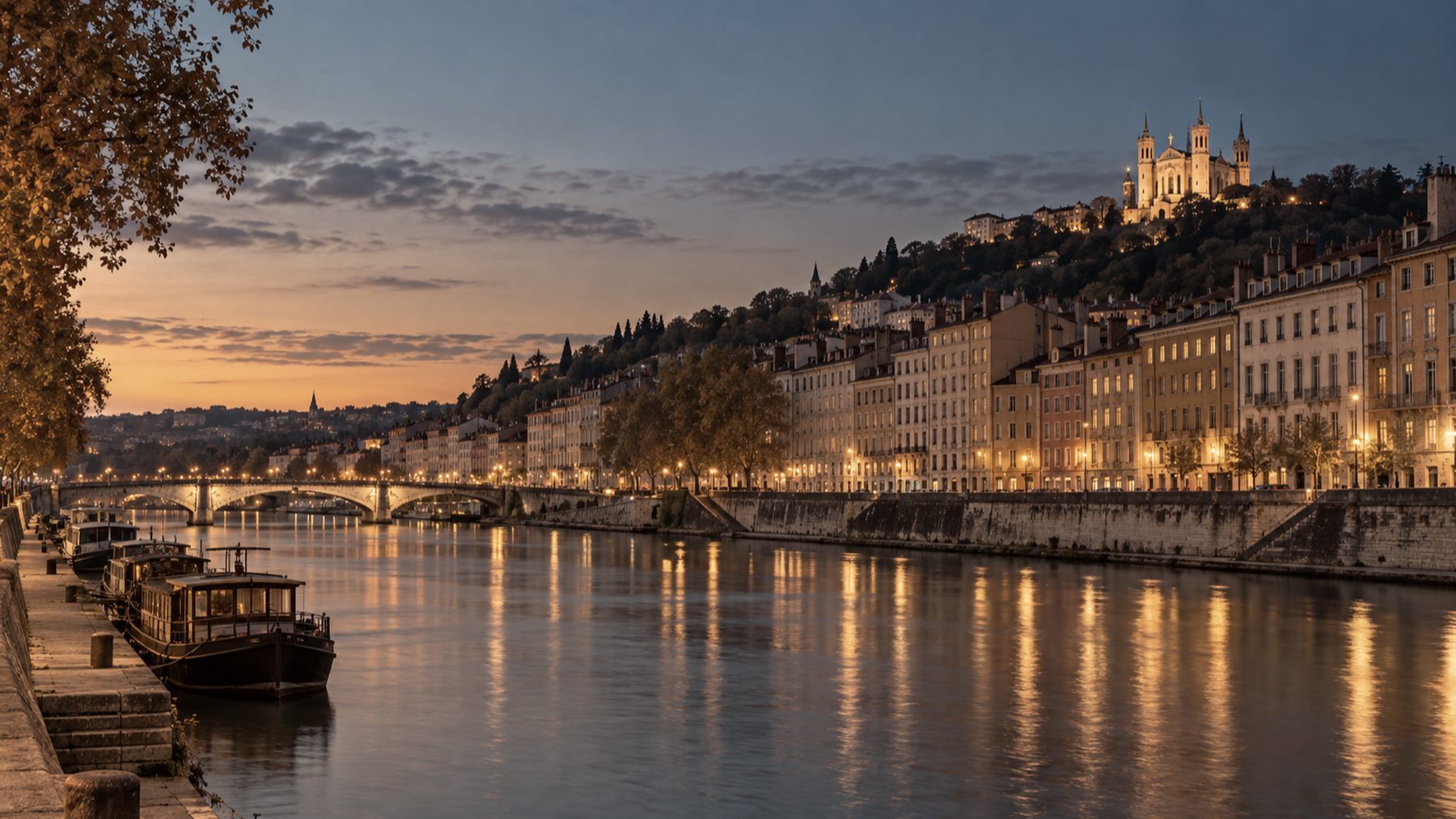 Les quais de Saône et la colline de Fourvière à la tombée du jour